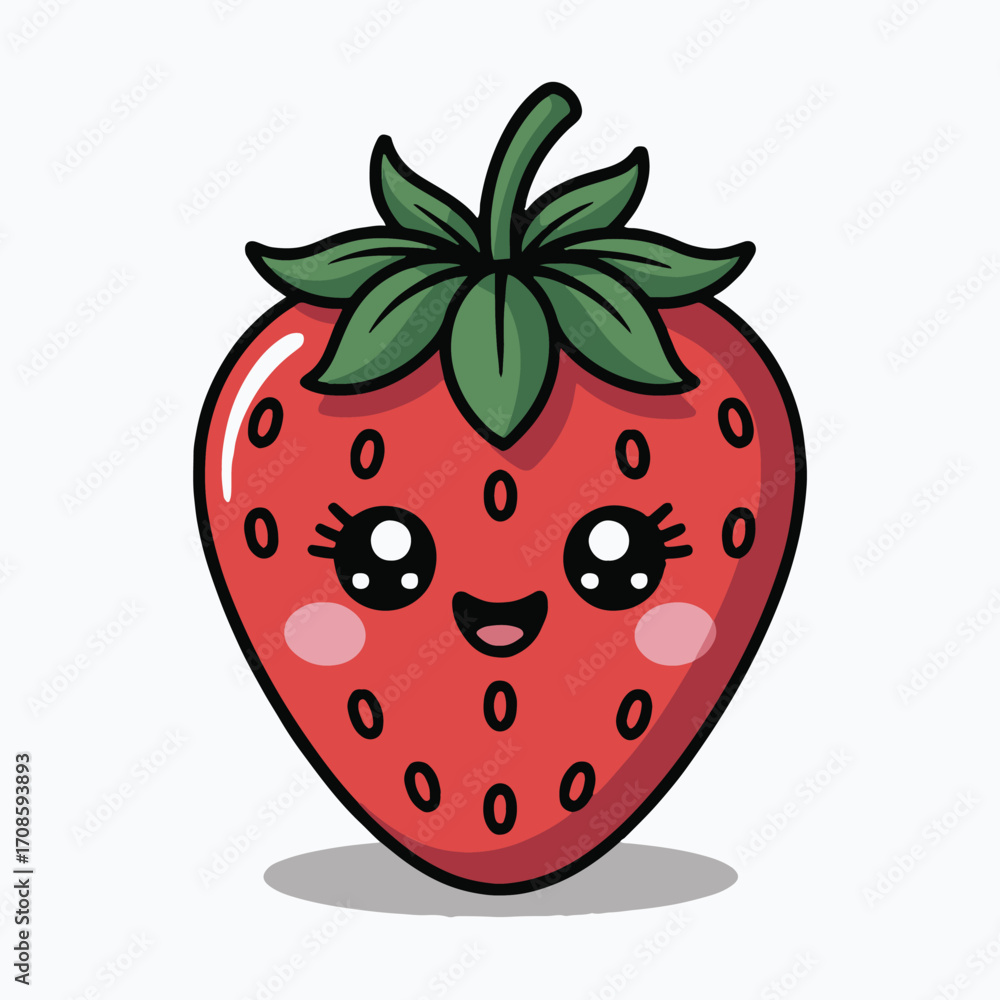 Obraz premium Vector art of cute strawberry cartoon vector illustration kawaii strawberry with smiling face and big eyes perfect for fruit, food, or dessert related designs healthy and delicious treat