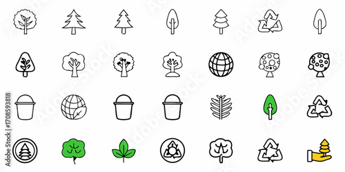 Eco-Friendly Icons Collection, Sustainable Living, Earth Day, Recycling, Trees, Green Initiatives, Environmental Awareness, Conservation, Nature, Organic, Hand Drawn Style