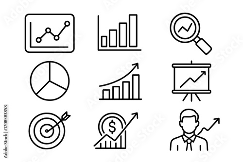 Analytics data line icon set. Business finance infographic elements. Chart graph diagram for presentation, app, web. Financial growth, market analysis, statistics symbols.