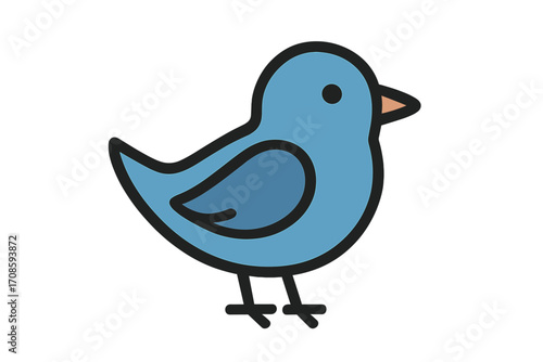 Blue bird icon in a simple flat cartoon style. Cute animal character symbol for nature and wildlife concepts. Vector graphic illustration isolated on white background.