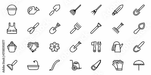 Gardening tools for planting and growing, hand drawn icon set showcasing gardening equipment for hobbyists and professionals with various gardening supplies
