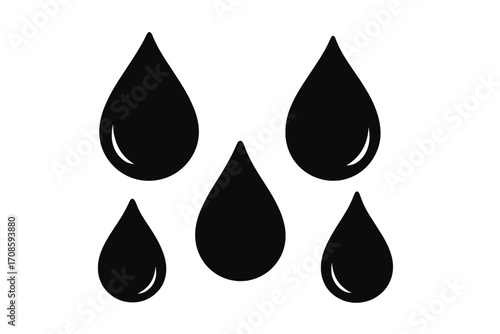 Set of black blood drop icons. Halloween symbol silhouette. Vector illustration of liquid, oil, or water drops. Dripping tears or paint splatter graphic element collection.