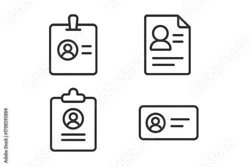 Line icon set of employee ID card, staff badge, resume document, and clipboard. Business identity, personal data, and human resources concepts. Vector outline pictogram.