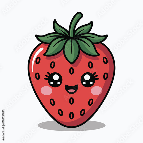 Vector art of cute strawberry cartoon vector illustration kawaii strawberry with smiling face and big eyes perfect for fruit, food, or dessert related designs healthy and delicious treat
