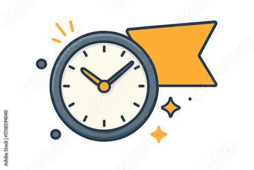 Clock icon for time management and deadline concepts. Vector illustration of a watch with a promotion banner. Flat style for limited offer, sale event, or countdown timer.