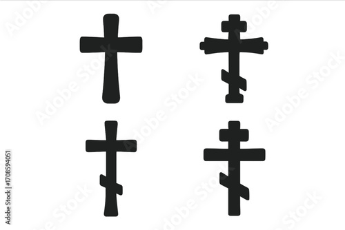 Christian cross silhouette icon set. Orthodox and Catholic religious symbols. Vector collection of crucifix shapes for faith, God, church, and spirituality. Black graphic illustrations.
