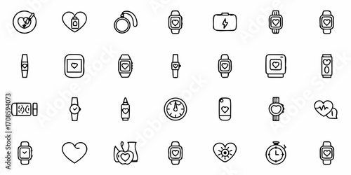 Empowering Health & Wellness: Modern Line Art Icons of Fitness Trackers, Heart Rate Monitors & Healthy Lifestyle Choices for Digital Platforms and Creative Projects