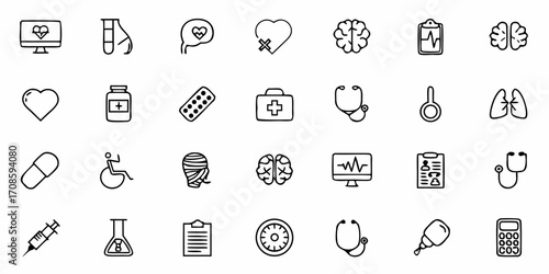 Essential Healthcare Icons Set: Medical Equipment and Symbols for Wellness, Treatment, and Recovery, Designed for Healthcare Professionals and Digital Health Solutions