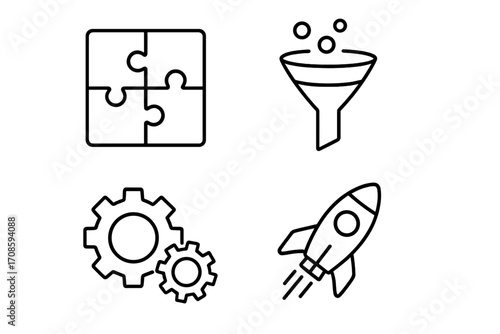 Data analytics icon set. Simple outline icons for business strategy and development. Puzzle for solution, funnel for conversion, gears for process, and rocket for startup launch.