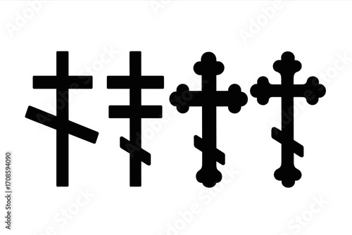 Orthodox cross icon set. Christian religious symbol collection. Black silhouette vector. Eastern, Byzantine, and Russian crucifix design element for faith concepts.