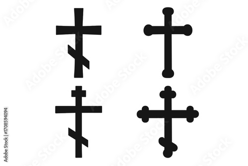 Set of black christian cross icons. Orthodox, catholic, and byzantine religious symbols. Vector silhouette illustration collection of crucifix signs for faith and church design.