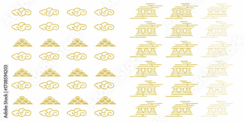Traditional asian cloud and pagoda motifs in gold and cream on a white background