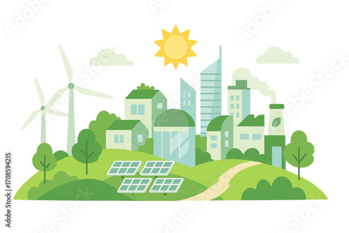 Eco city with wind turbines and solar panels. Green energy and sustainable urban development concept. Modern cityscape with clean industry. Renewable power sources. Flat vector.