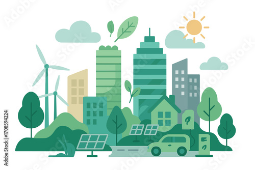 Eco city with green energy and sustainable living. Modern cityscape with wind turbines, solar panels, and an electric car. Flat vector concept for ecology and environment.