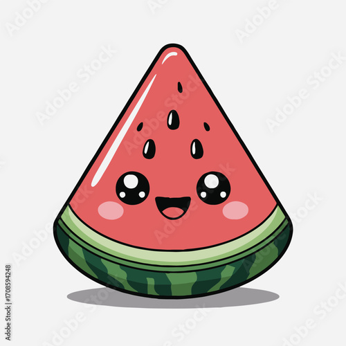 Vector art of cute watermelon cartoon vector illustration kawaii watermelon with smiling face and big eyes perfect for fruit, summer, or healthy food related designs refreshing and juicy
