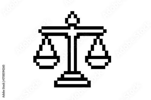 Scales of justice icon in pixel art style. 8-bit retro video game sprite. Symbol of law, court, judge, and legal balance. Vector illustration for law firm or lawyer logo.
