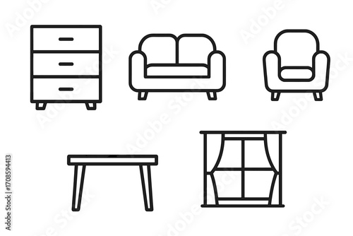 Furniture line icon set. Modern collection for interior design and home decor. Linear outline symbols for websites, apps, cards. Vector pictograms of a dresser, couch, sofa, table, window.