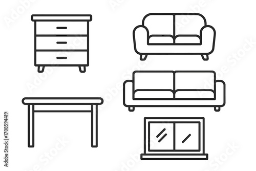 Furniture line icon set for interior design. Modern minimalist collection of home decor elements. Vector graphic pack for web, apps, UI, UX. Includes sofa, couch, table, dresser, window.