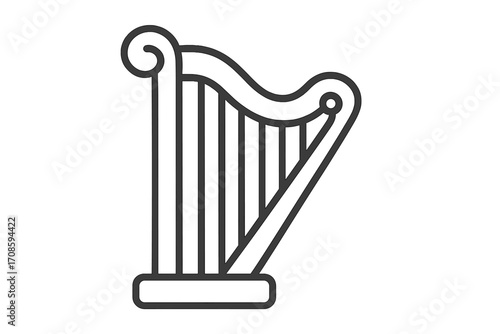 Harp icon vector. Line art logo. Classical musical instrument. String instrument for orchestra, symphony, concert. Symbol of Ireland, melody, harmony, sound, angelic music.