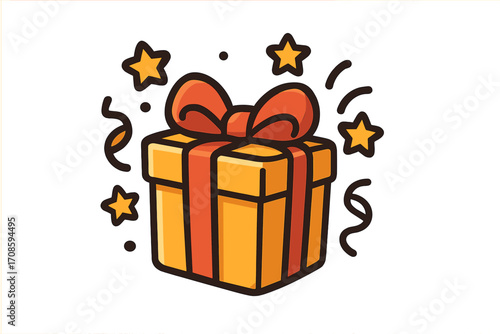 Gift box vector icon for celebration. Cartoon present with a red bow for a birthday or holiday surprise. Festive party graphic with confetti, stars and streamers. Isolated element.