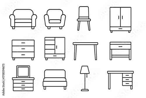 Furniture line icon set. Home interior design elements. Living room and bedroom objects. Outline armchair, table, chair, wardrobe, bed, lamp vector illustration collection.