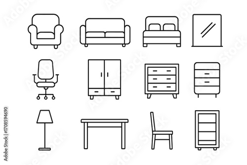 Furniture and home interior line icon set. Living room, bedroom, office equipment. Sofa, bed, chair, table, wardrobe, dresser vector pictogram. Editable stroke outline.
