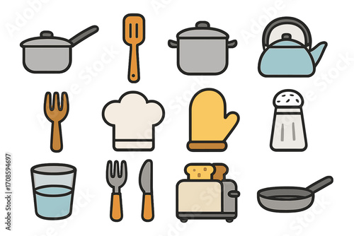 Kitchen icons set, cooking equipment concept. Vector food preparation symbols. Pot, pan, spatula, kettle, cutlery, chef hat, oven glove, toaster. Restaurant kitchenware.