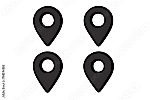 Set of map pointer icons. Black navigation symbol silhouette style. Location pin marker for GPS. Vector illustration of destination point. Place or position sign collection.