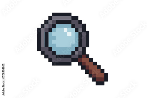 Pixel art magnifying glass icon. 8-bit retro game style search symbol. Vector illustration for finding, zooming, and discovery. Magnifier lupe for analysis and research.