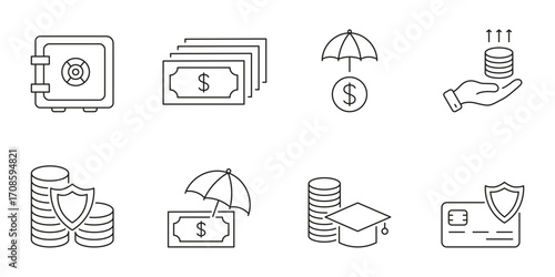 Financial Security And Investment Line Icons Set. Savings, Insurance, And Wealth Management Outline Symbols. Safe, Money, Umbrella, Coins, Credit Card. Editable Stroke. Isolated Vector Illustration