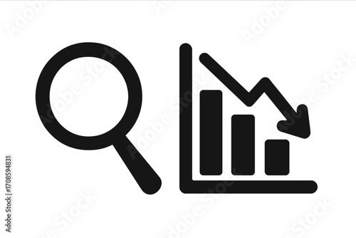 Financial analysis of business loss. Magnifying glass over a falling chart. Concept of economic crisis, market decline research, investment failure, and recession data.