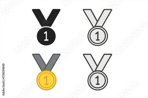 Medal icon set for first place. Gold medal for champion. Winner award prize. Silhouette, linear, and flat style vector illustration for success and achievement concepts.
