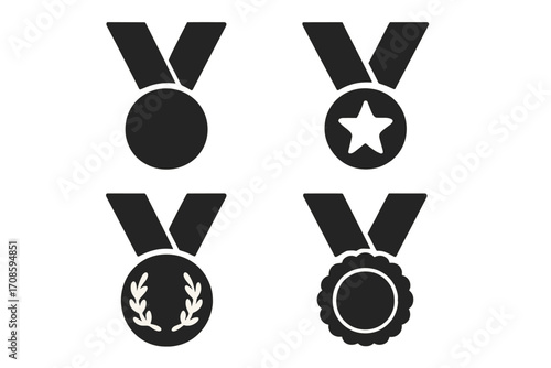 Medal icon set silhouette style. Award badge symbol collection. Winner prize for champion or first place. Victory achievement honor reward vector illustration with star and laurel.