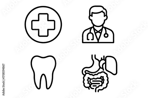 Medical line icon set. Health care symbols. Doctor, dentist, tooth, internal organs, digestive system, clinic, hospital cross pictogram. Editable stroke vector for app and web.