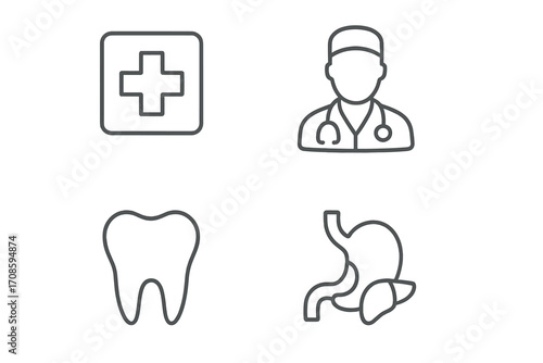 Medical and healthcare line icon set. Minimalist outline symbols for web and apps. Doctor, dentist, internal organs, first aid cross pictogram collection. Editable stroke.