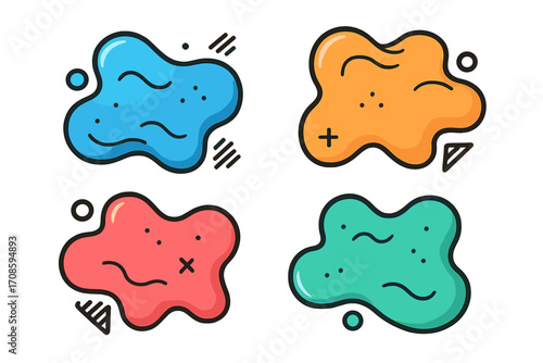 Vector collection of abstract liquid shapes. Colorful fluid amoeba blobs in modern Memphis design style. Dynamic geometric splash elements. Cartoon illustration icon set.
