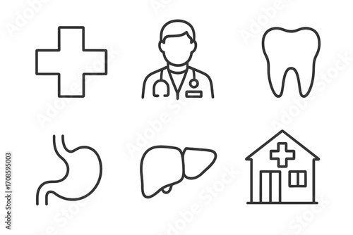 Healthcare line icon pack. Medical cross, doctor, clinic, hospital, tooth, stomach, liver symbols. Medicine, dentistry, pharmacy, organ pictogram set. Editable stroke vector.