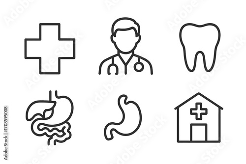 Medical and healthcare line icon set. Vector symbols of doctor, dentist, clinic, hospital, stomach, digestive system, and cross. Editable stroke pictogram for app and web.