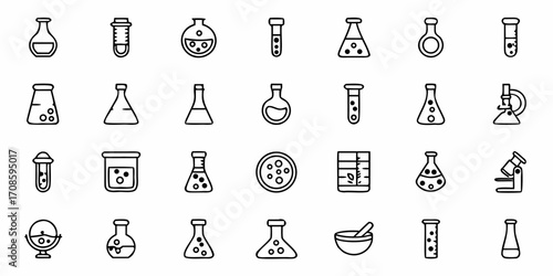 Modern science lab equipment and tools collection, perfect for research, experiments, and educational projects, clear line art