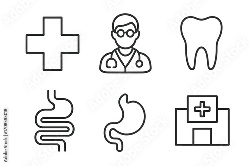 Medical and healthcare line icon set with editable stroke. Doctor, dentist, tooth, stomach, intestine, hospital, clinic, and cross vector pictograms for medicine and health.