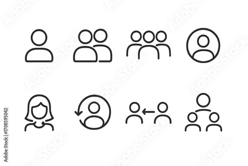 People icon set with editable stroke. User, group, team, and profile symbols. Thin line vector illustration for UI UX design, app, and website. Social distance and hierarchy concept.