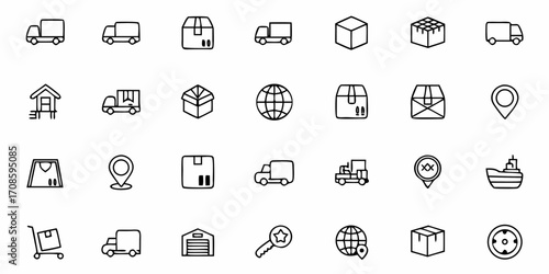 Logistics and shipping icons showcasing global delivery, transportation, and package tracking for e-commerce and supply chain management