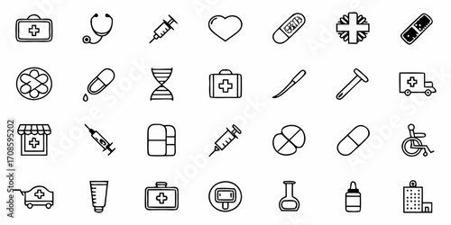 Medical icons, stethoscope, syringe, heart, pills, bandage, ambulance, pharmacy, DNA, healthcare symbols for clinic and hospital use