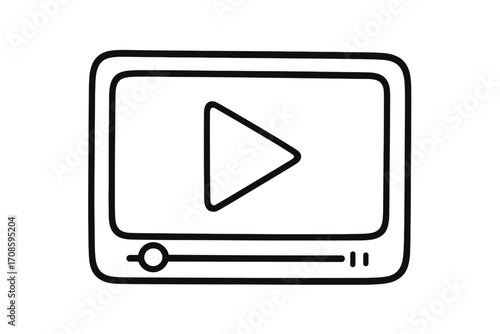 Video player doodle icon. Hand-drawn cartoon illustration of a media player with play button. Concept for streaming, online movie, multimedia, and web interface. Vector graphic.