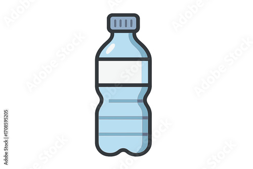 Plastic water bottle icon vector in flat cartoon style. Pure mineral water beverage container. Hydration and refreshment concept. Isolated illustration with blank label mockup.