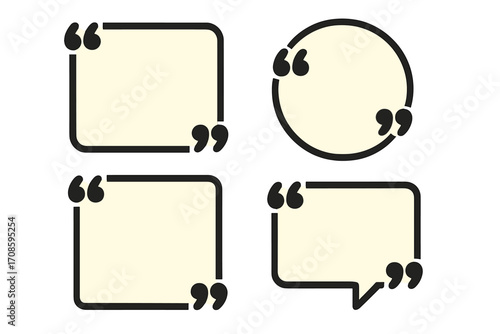Quote box frame set for text. Vector citation speech bubble and comment field templates. Testimonial message textbox design element collection. Empty cartoon illustration.