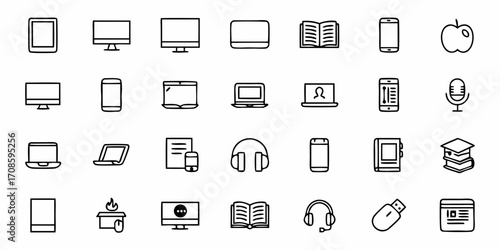 Collection of modern technology icons, perfect for web design, digital interfaces, and app development, showcasing communication, learning, and innovation