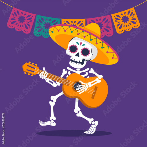 Dia de Muertos musician, skeleton guitarist under papel picado, sombrero hat, festive stage scene, purple celebration vector