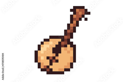 Lute pixel art icon. 8-bit musical instrument for retro video game. Medieval mandolin or ancient guitar vector illustration. Brown string instrument for folk music asset design.