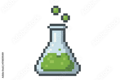 Pixel art flask icon with bubbling green liquid. 8-bit chemistry lab beaker symbol. Vector illustration for science, magic potion, or game asset. Retro poison or elixir.